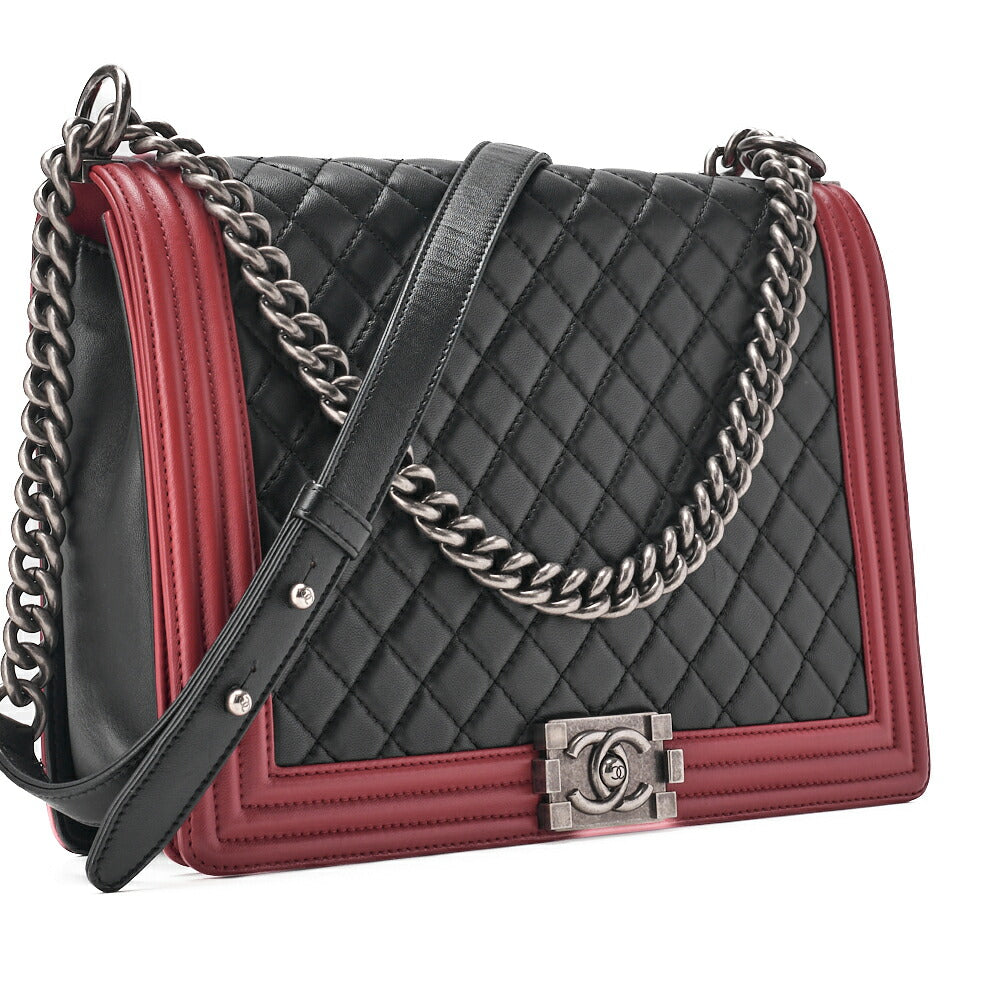 CHANEL Boy Chanel Matelasse Chain Shoulder Lambskin Black & Red Large Size Silver-Tone Hardware, Pre-Owned
