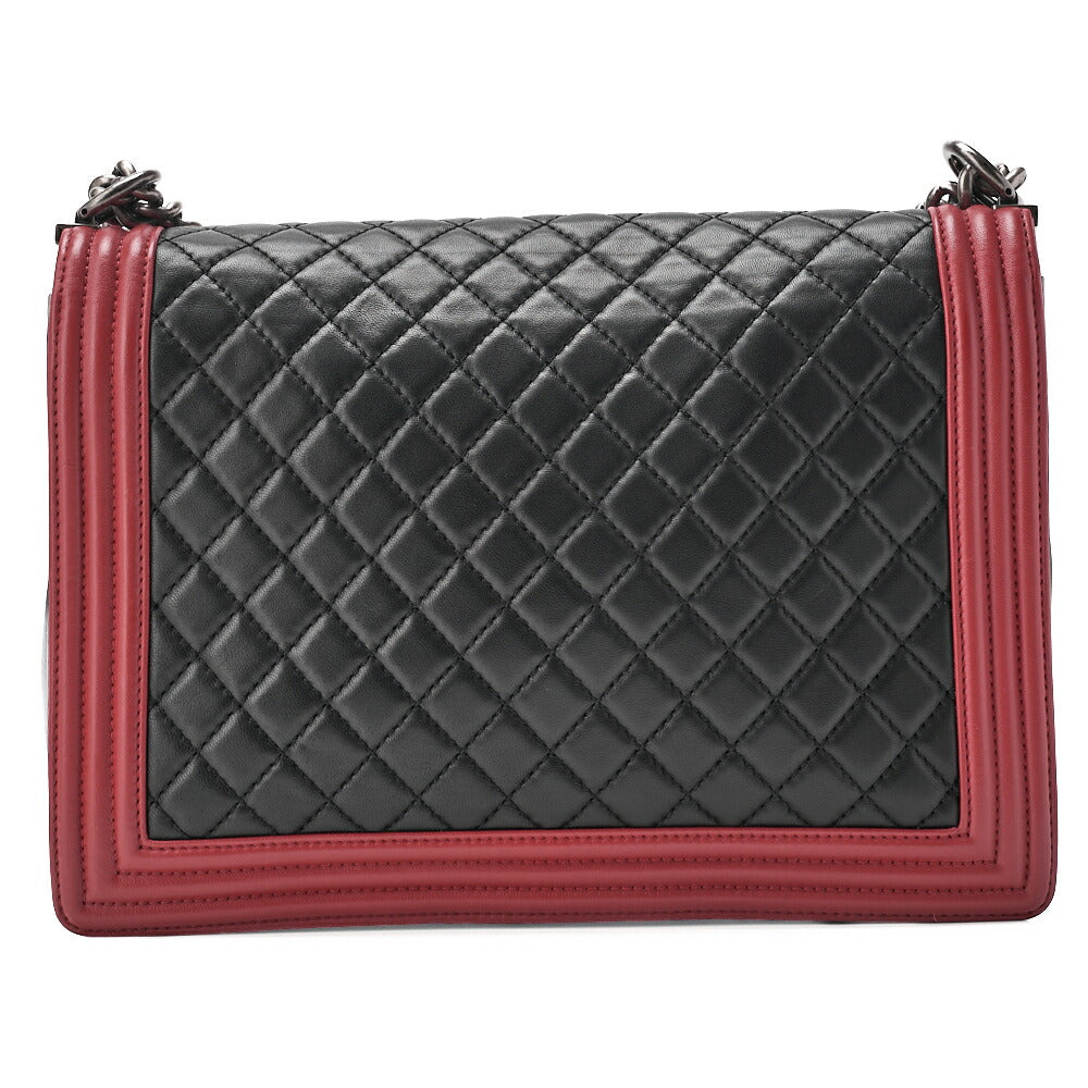 CHANEL Boy Chanel Matelasse Chain Shoulder Lambskin Black & Red Large Size Silver-Tone Hardware, Pre-Owned