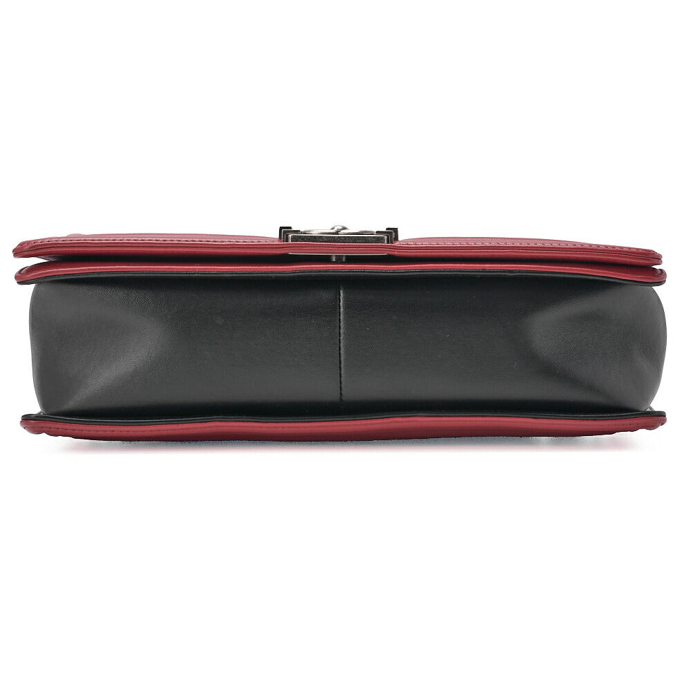 CHANEL Boy Chanel Matelasse Chain Shoulder Lambskin Black & Red Large Size Silver-Tone Hardware, Pre-Owned