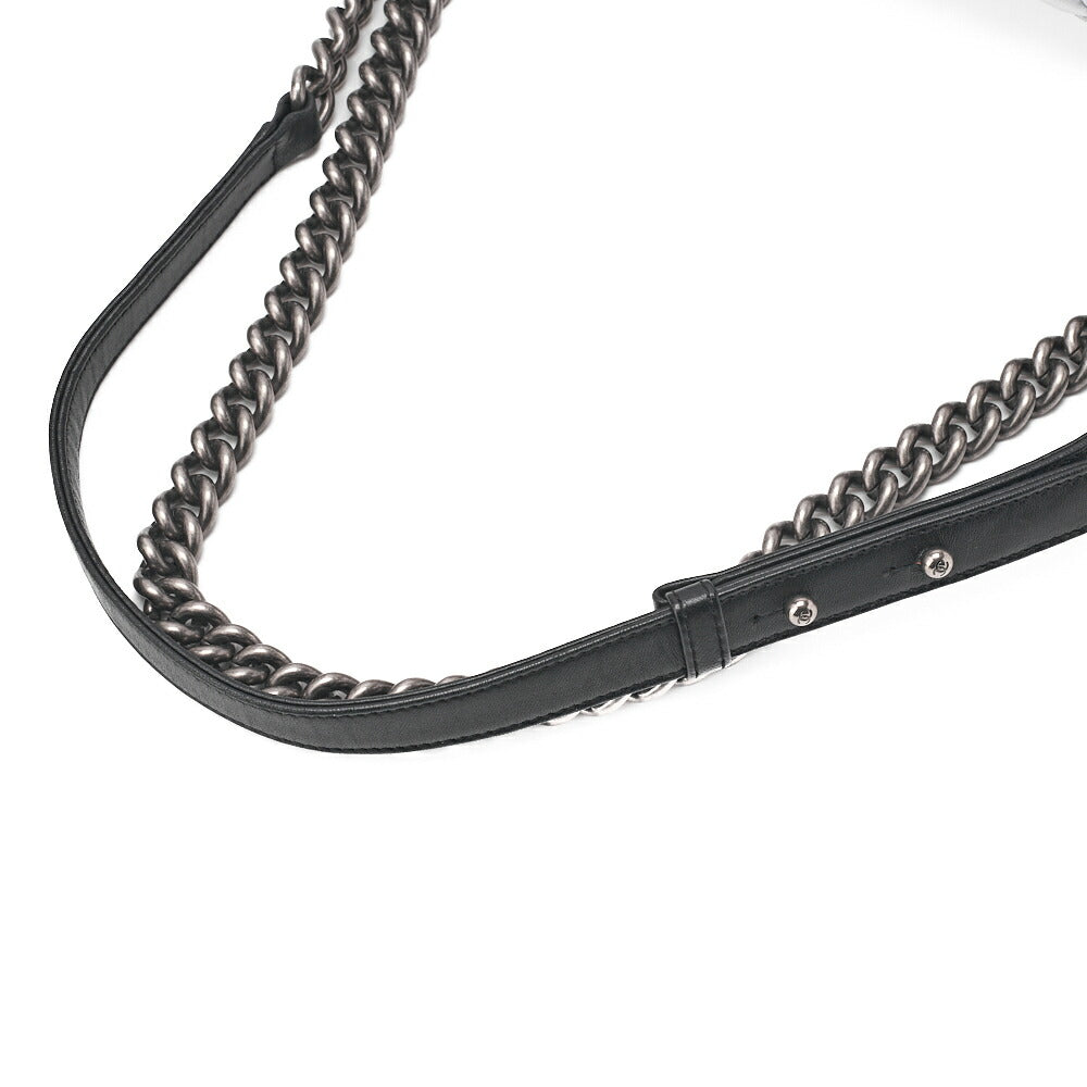 CHANEL Boy Chanel Matelasse Chain Shoulder Lambskin Black & Red Large Size Silver-Tone Hardware, Pre-Owned
