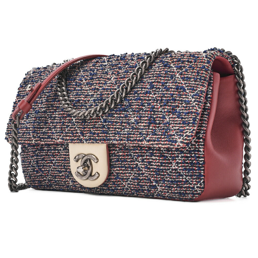 CHANEL Shoulder Bag Matelasse Single Flap Tweed Red & Navy Silver-Tone Hardware, Pre-Owned
