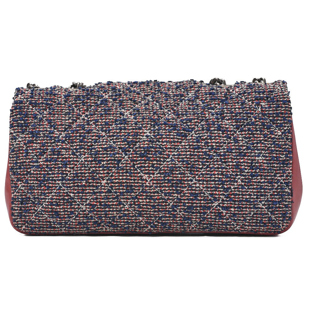 CHANEL Shoulder Bag Matelasse Single Flap Tweed Red & Navy Silver-Tone Hardware, Pre-Owned