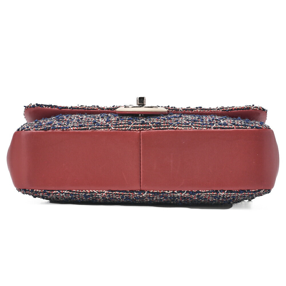 CHANEL Shoulder Bag Matelasse Single Flap Tweed Red & Navy Silver-Tone Hardware, Pre-Owned