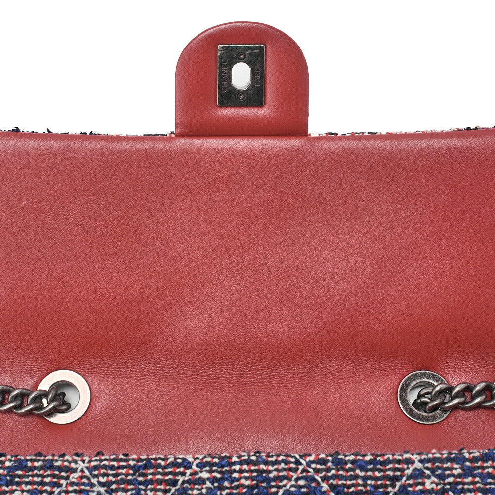 CHANEL Shoulder Bag Matelasse Single Flap Tweed Red & Navy Silver-Tone Hardware, Pre-Owned