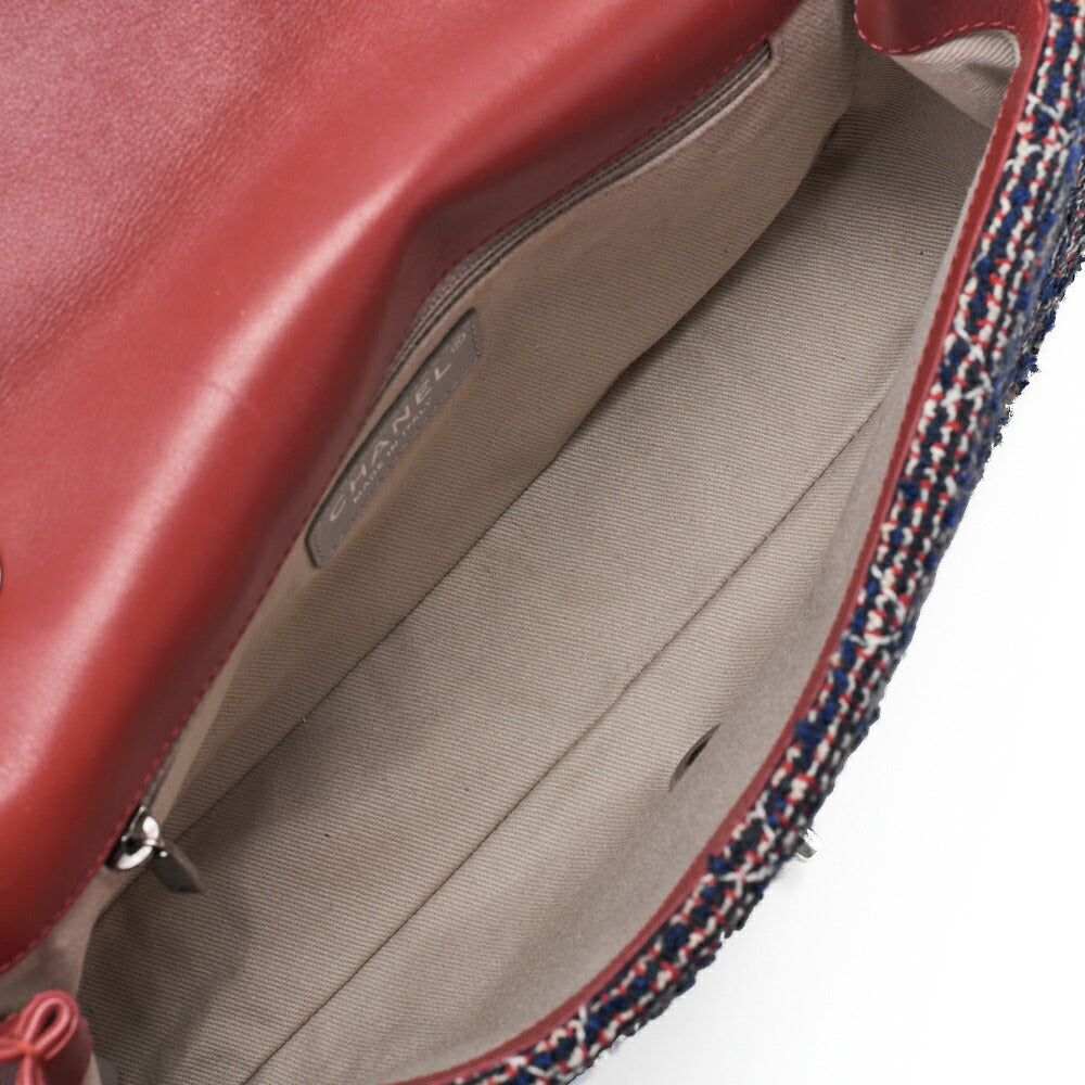 CHANEL Shoulder Bag Matelasse Single Flap Tweed Red & Navy Silver-Tone Hardware, Pre-Owned