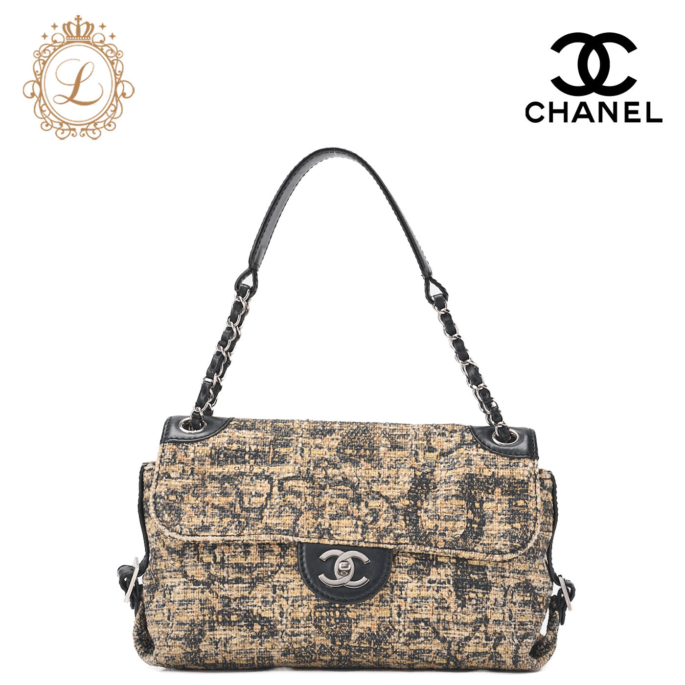 CHANEL One Shoulder Bag Turnlock Tweed Pattern Canvas Bicolor Silver-Tone Hardware, Pre-Owned