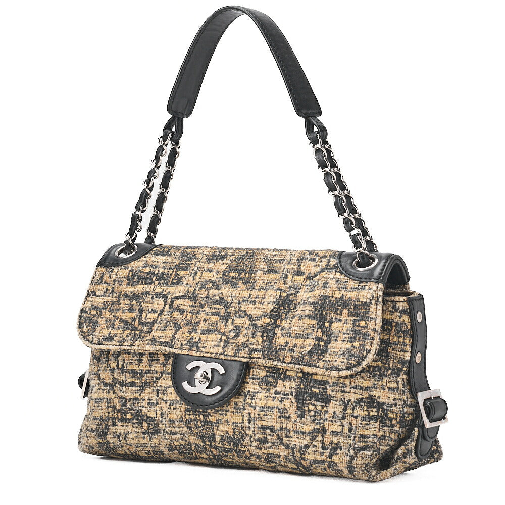 CHANEL One Shoulder Bag Turnlock Tweed Pattern Canvas Bicolor Silver-Tone Hardware, Pre-Owned