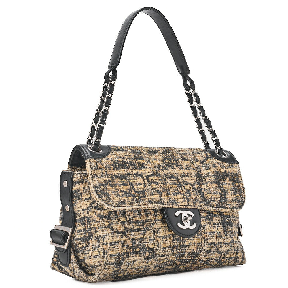 CHANEL One Shoulder Bag Turnlock Tweed Pattern Canvas Bicolor Silver-Tone Hardware, Pre-Owned