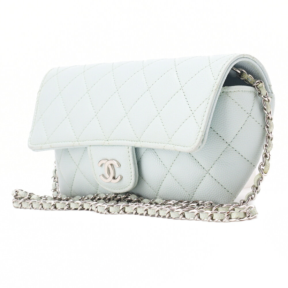 CHANEL Matelasse Shoulder Bag Caviar Skin Glasses Case Light Blue Mini Shoulder Bag Silver-Tone Hardware, Pre-Owned