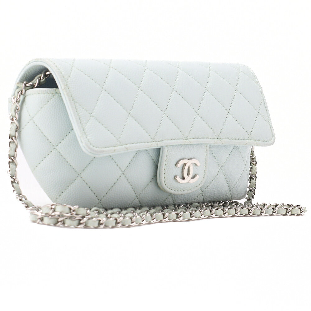 CHANEL Matelasse Shoulder Bag Caviar Skin Glasses Case Light Blue Mini Shoulder Bag Silver-Tone Hardware, Pre-Owned