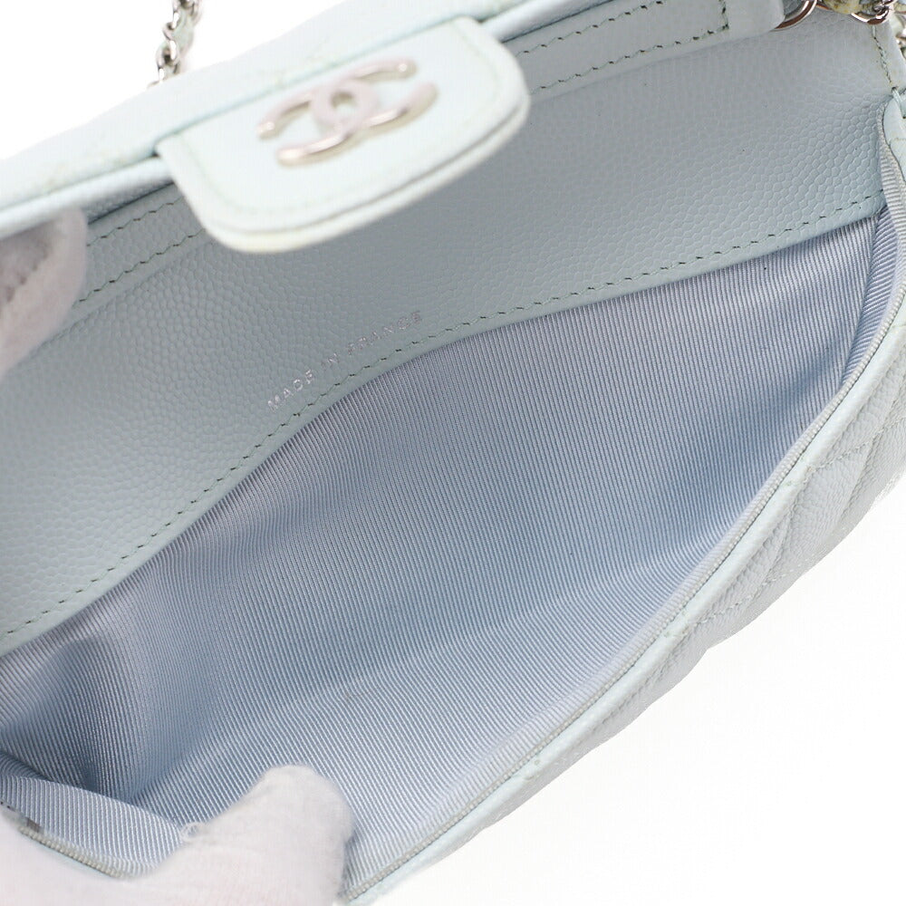 CHANEL Matelasse Shoulder Bag Caviar Skin Glasses Case Light Blue Mini Shoulder Bag Silver-Tone Hardware, Pre-Owned