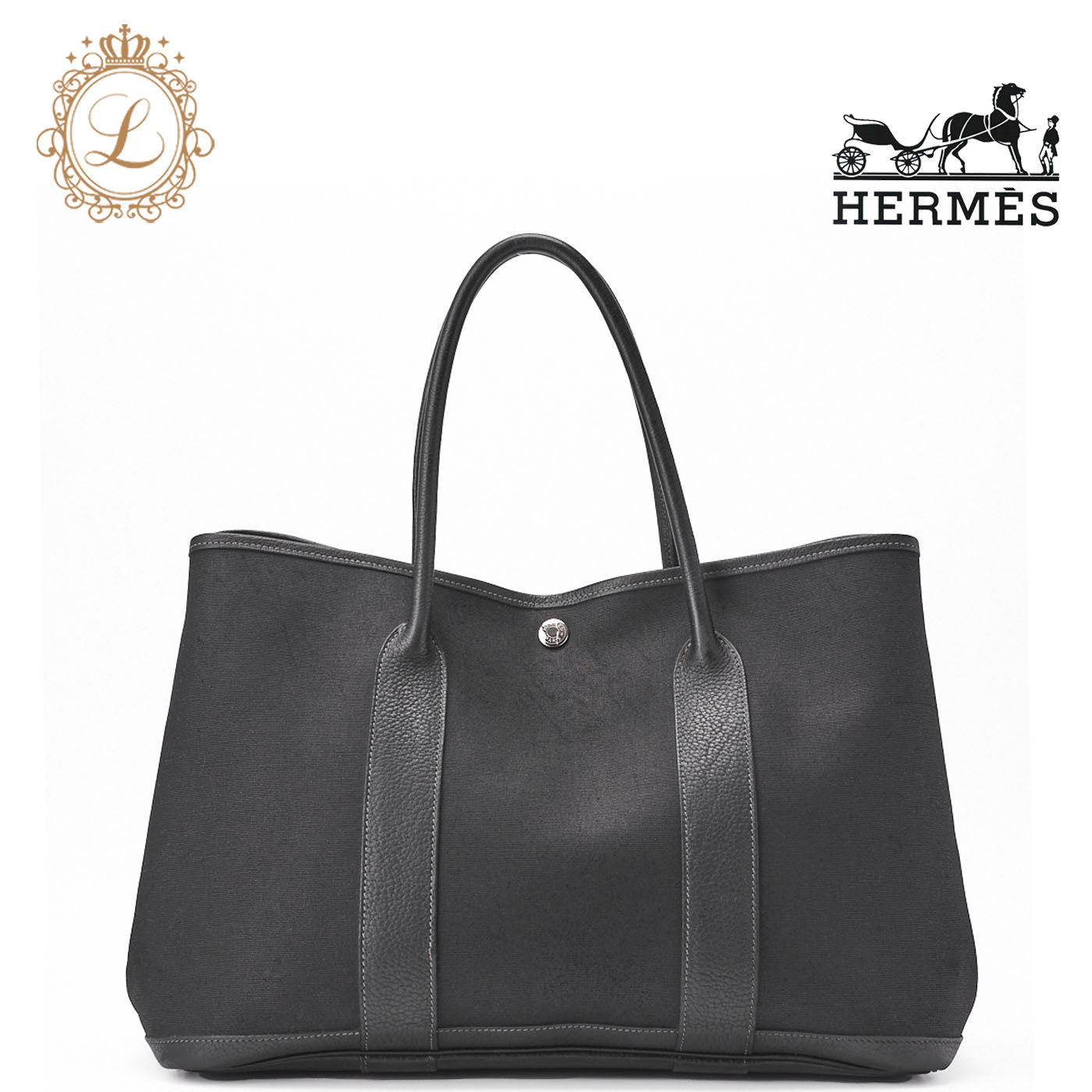 HERMES Garden Party PM Tote Bag Toval Ophezhe Black Silver-Tone Hardware, Pre-Owned