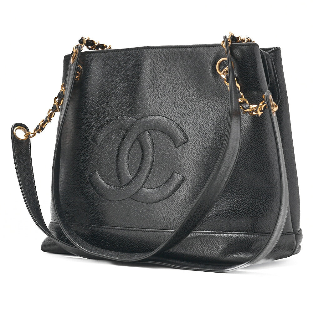 CHANEL Shoulder Bag Coco Mark Ball Charm Caviar Skin Black Gold-Tone Hardware, Pre-Owned