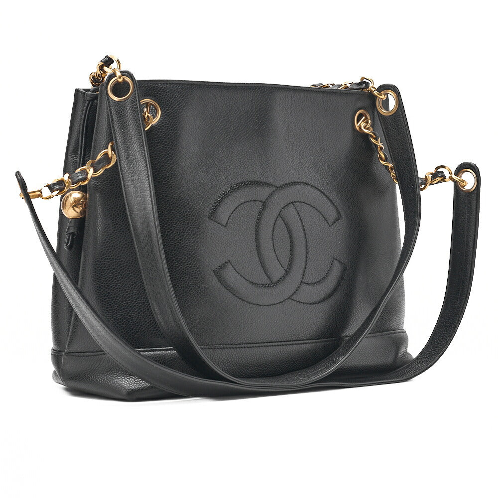 CHANEL Shoulder Bag Coco Mark Ball Charm Caviar Skin Black Gold-Tone Hardware, Pre-Owned