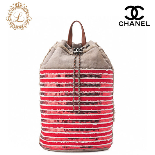CHANEL Border with Coco Charm Sequin Drawstring Backpack Red Silver-Tone Hardware, Pre-Owned