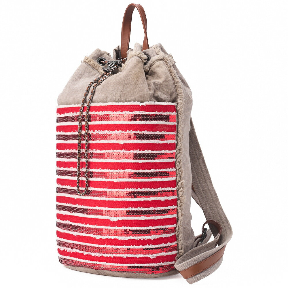 CHANEL Border with Coco Charm Sequin Drawstring Backpack Red Silver-Tone Hardware, Pre-Owned