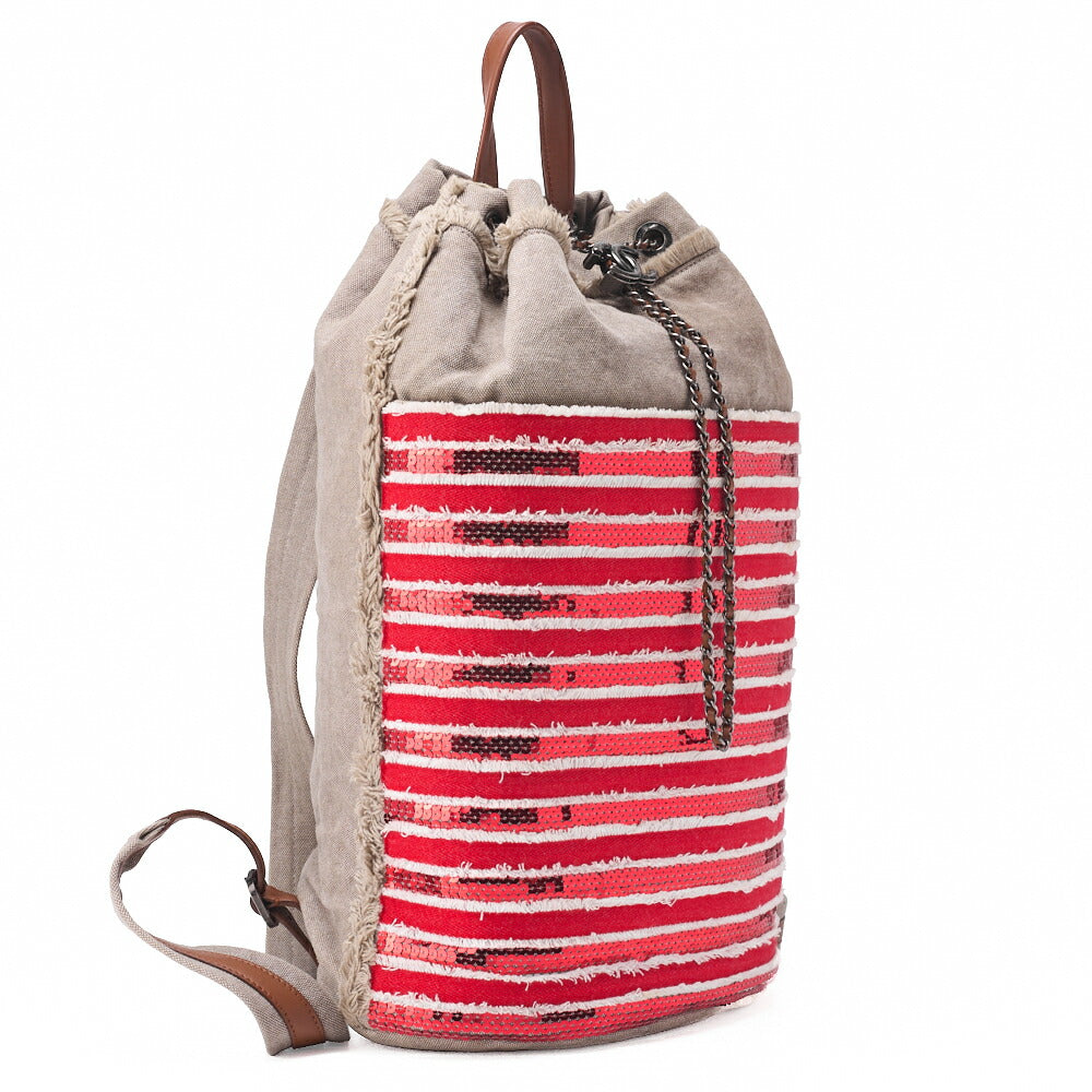 CHANEL Border with Coco Charm Sequin Drawstring Backpack Red Silver-Tone Hardware, Pre-Owned