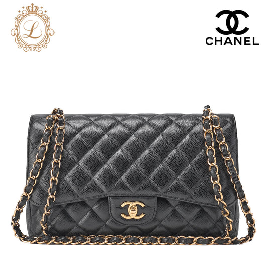 CHANEL Chain Shoulder Bag Deca Matrasse 30cm Double Flap Caviar Skin Black Gold-Tone Hardware, Pre-Owned