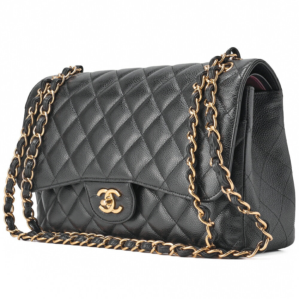 CHANEL Chain Shoulder Bag Deca Matrasse 30cm Double Flap Caviar Skin Black Gold-Tone Hardware, Pre-Owned