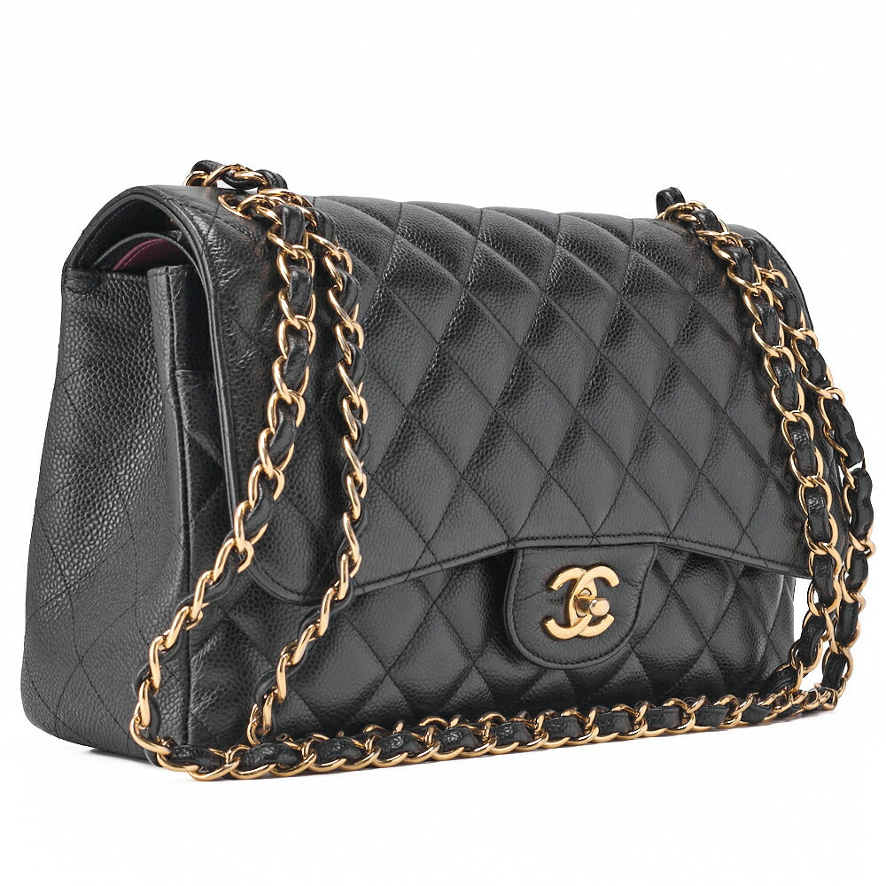 CHANEL Chain Shoulder Bag Deca Matrasse 30cm Double Flap Caviar Skin Black Gold-Tone Hardware, Pre-Owned
