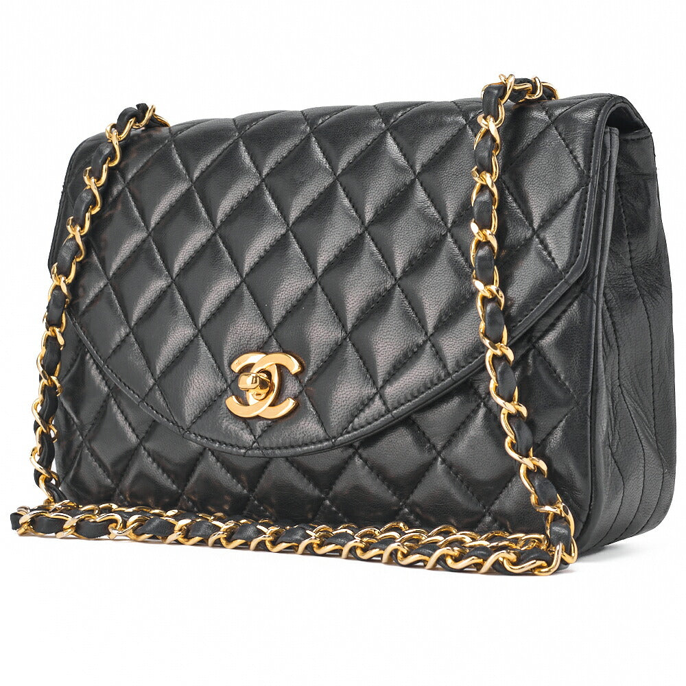 CHANEL Chain Shoulder Bag Matlasse Lambskin Black Round Flap Turnlock Gold-Tone Hardware, Pre-Owned
