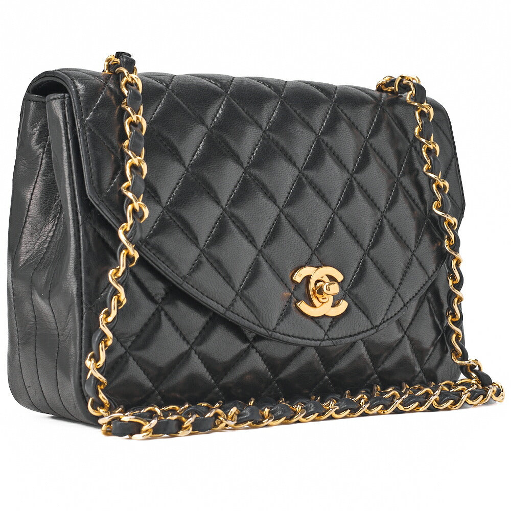 CHANEL Chain Shoulder Bag Matlasse Lambskin Black Round Flap Turnlock Gold-Tone Hardware, Pre-Owned