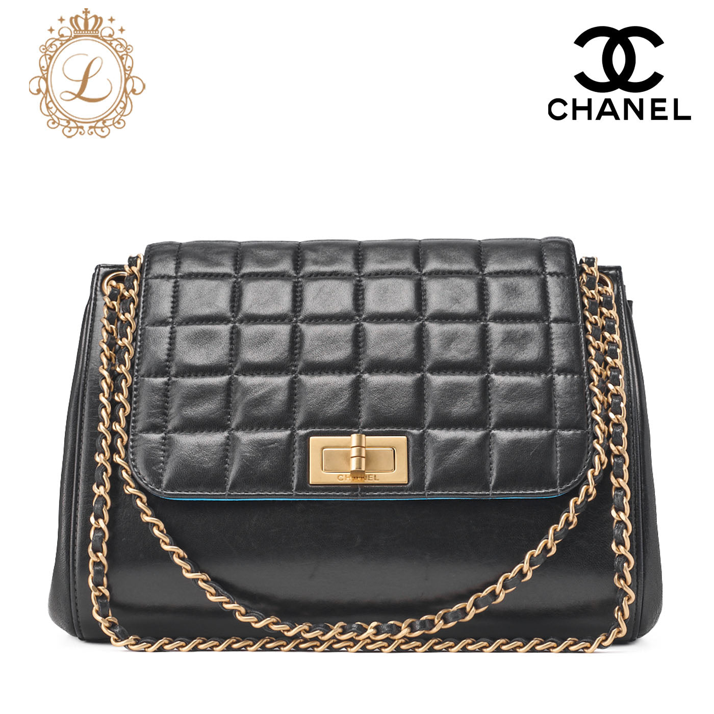 CHANEL Chanel Chocolate Bar 2.55 Lock Chain Shoulder Lambskin Black Blue Gold-Tone Hardware, Pre-Owned