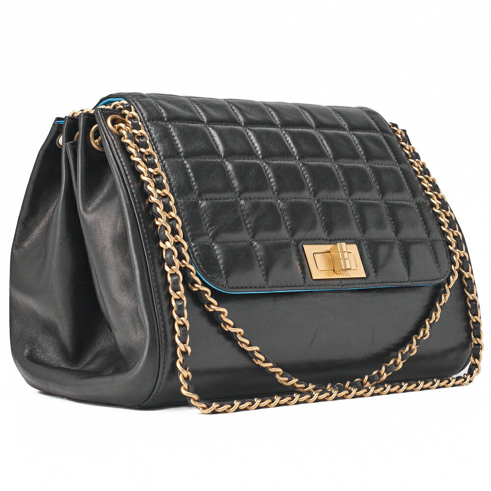 CHANEL Chanel Chocolate Bar 2.55 Lock Chain Shoulder Lambskin Black Blue Gold-Tone Hardware, Pre-Owned