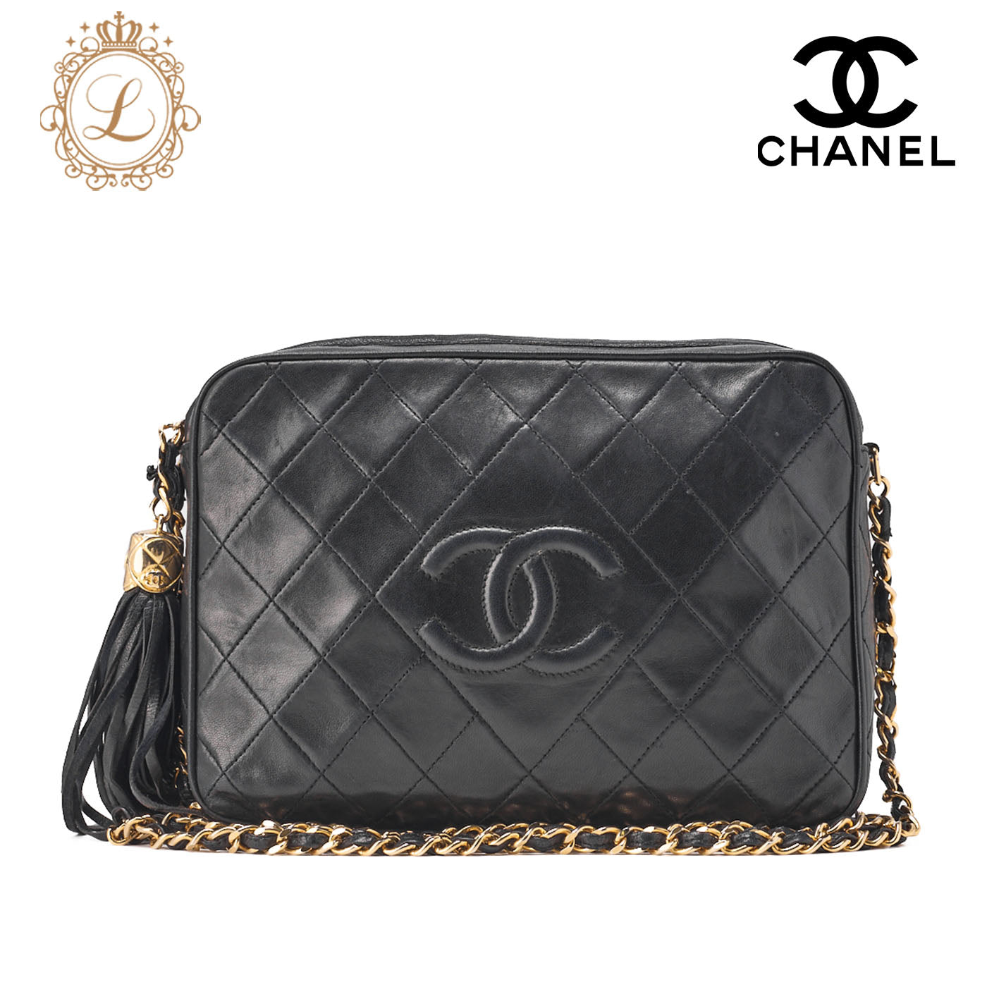 CHANEL Matlasse Coco Mark Fringe Chain Shoulder Lambskin Black Gold-Tone Hardware, Pre-Owned