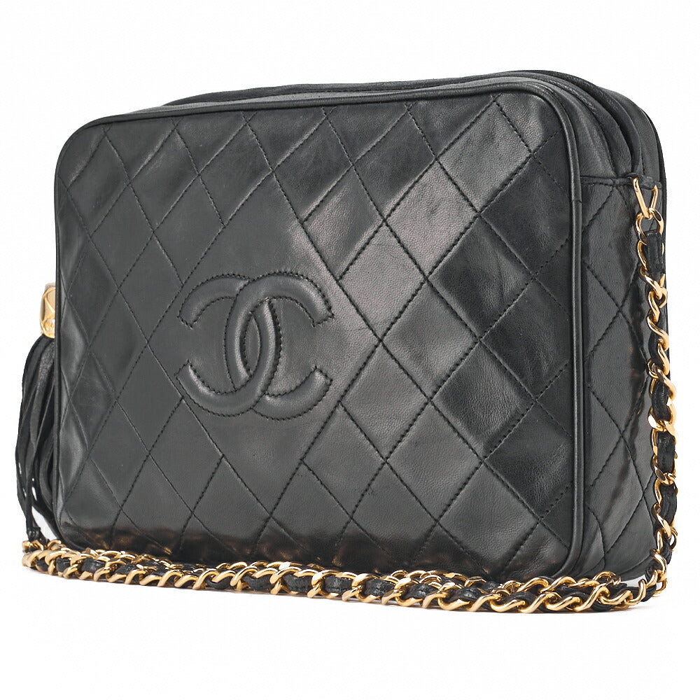 CHANEL Matlasse Coco Mark Fringe Chain Shoulder Lambskin Black Gold-Tone Hardware, Pre-Owned