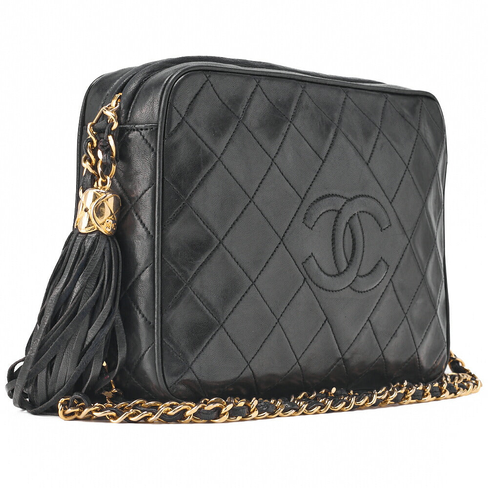CHANEL Matlasse Coco Mark Fringe Chain Shoulder Lambskin Black Gold-Tone Hardware, Pre-Owned