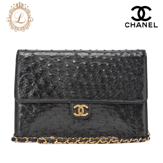 CHANEL Chain Shoulder Bag Matelassé Push Lock Ostrich Black Gold-Tone Hardware, Pre-Owned