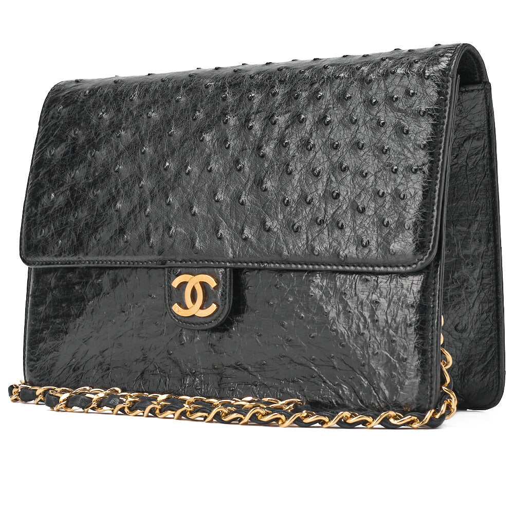 CHANEL Chain Shoulder Bag Matelassé Push Lock Ostrich Black Gold-Tone Hardware, Pre-Owned