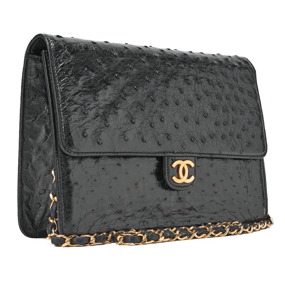 CHANEL Chain Shoulder Bag Matelassé Push Lock Ostrich Black Gold-Tone Hardware, Pre-Owned
