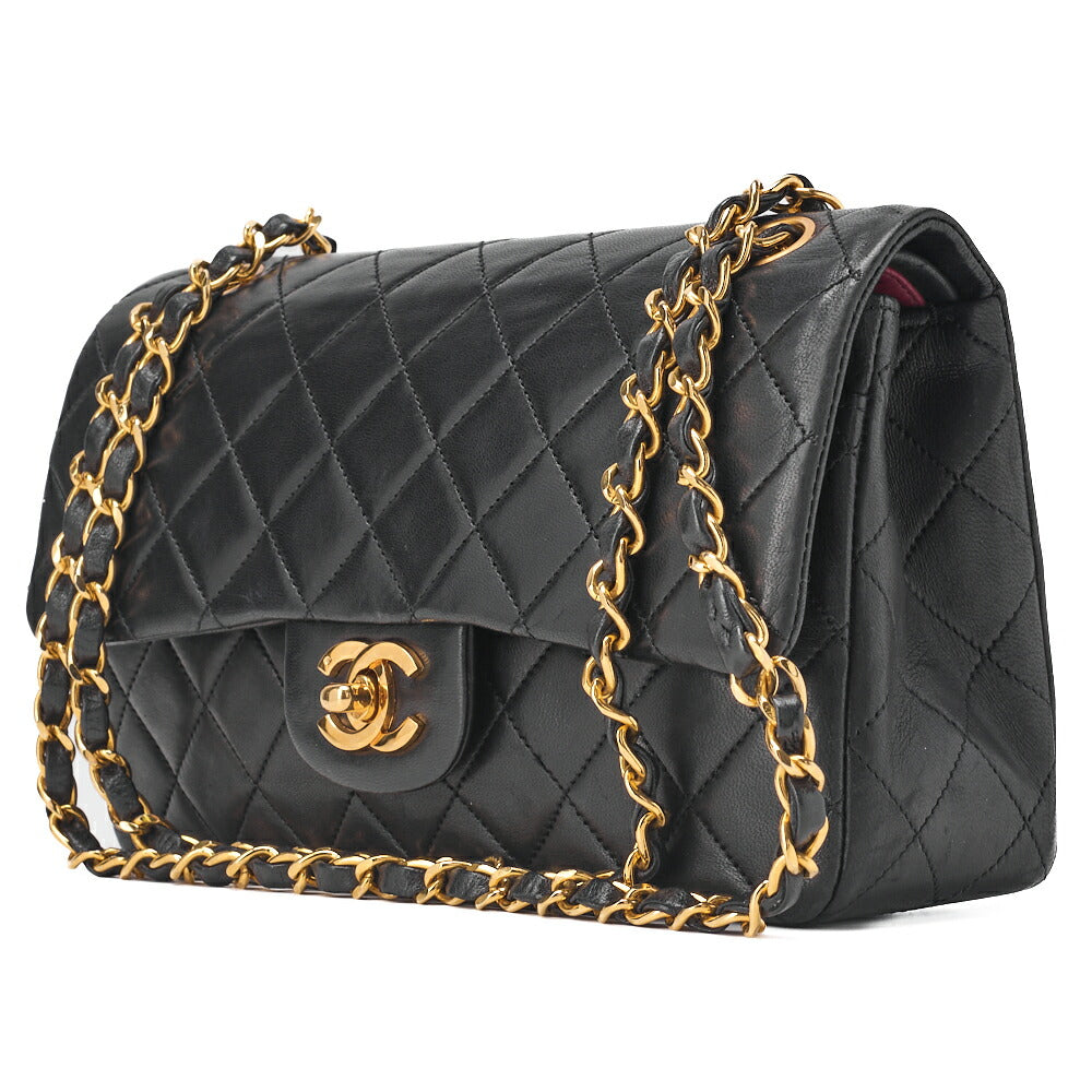CHANEL Chain Shoulder Bag Matelassé Double Flap 23cm Lambskin Black Gold-Tone Hardware, Pre-Owned