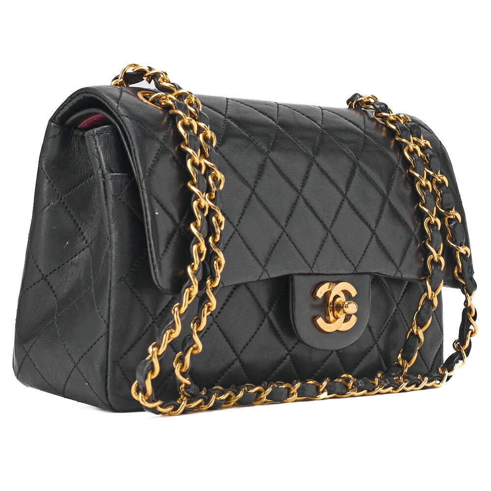 CHANEL Chain Shoulder Bag Matelassé Double Flap 23cm Lambskin Black Gold-Tone Hardware, Pre-Owned