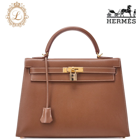 HERMES Kelly 32 External Stitching Handbag Gulliver Brown Gold-Tone Hardware, Pre-Owned