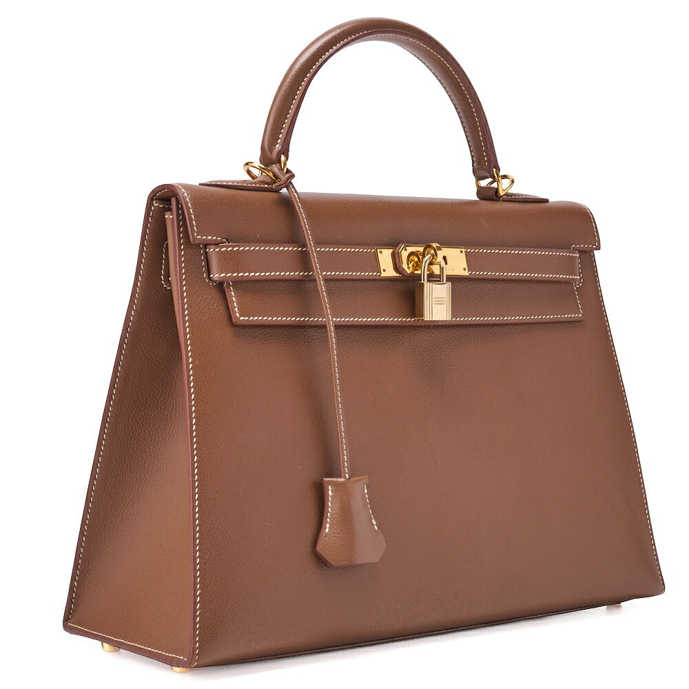 HERMES Kelly 32 External Stitching Handbag Gulliver Brown Gold-Tone Hardware, Pre-Owned