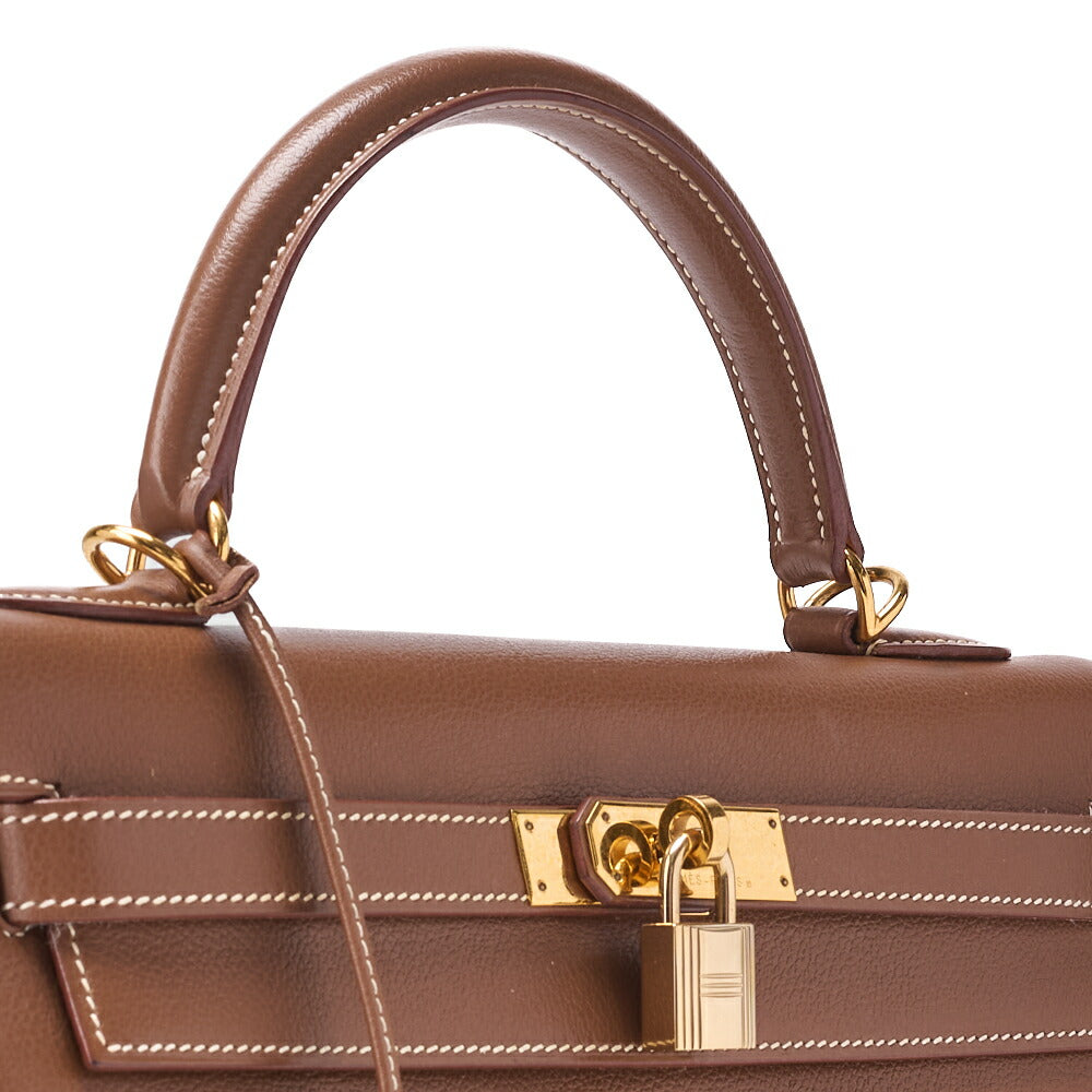 HERMES Kelly 32 External Stitching Handbag Gulliver Brown Gold-Tone Hardware, Pre-Owned