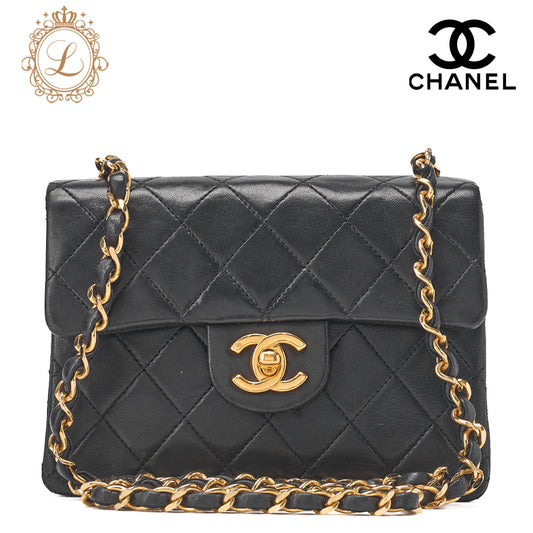 CHANEL Chain Shoulder Bag Mini Matrasse 18cm Lambskin Black Single Flap Turnlock Gold-Tone Hardware, Pre-Owned