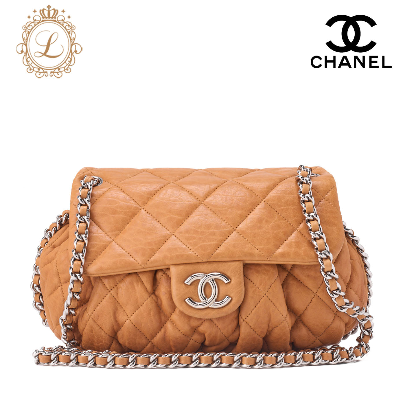 CHANEL Matlasse Luxury Chain Shoulder Bag Lambskin Beige Silver-Tone Hardware, Pre-Owned