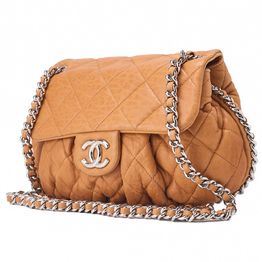 CHANEL Matlasse Luxury Chain Shoulder Bag Lambskin Beige Silver-Tone Hardware, Pre-Owned