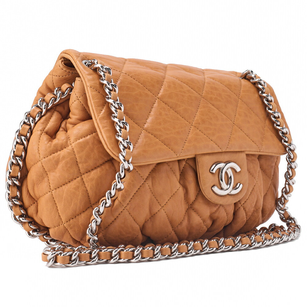 CHANEL Matlasse Luxury Chain Shoulder Bag Lambskin Beige Silver-Tone Hardware, Pre-Owned