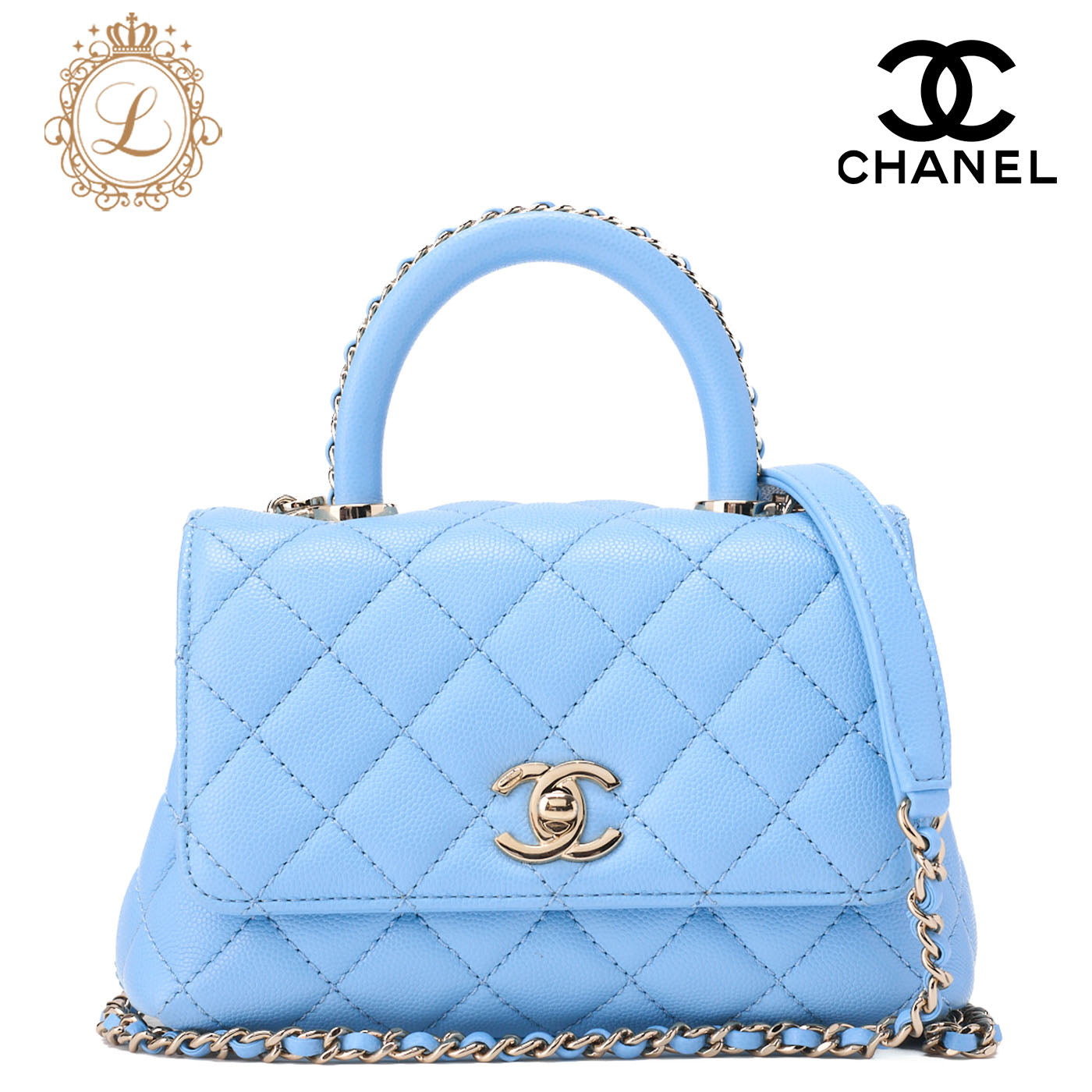 CHANEL Shoulder Bag Handbag Matelassé Coco Handle 2WAY Caviar Skin Light Blue Gold-Tone Hardware, Pre-Owned