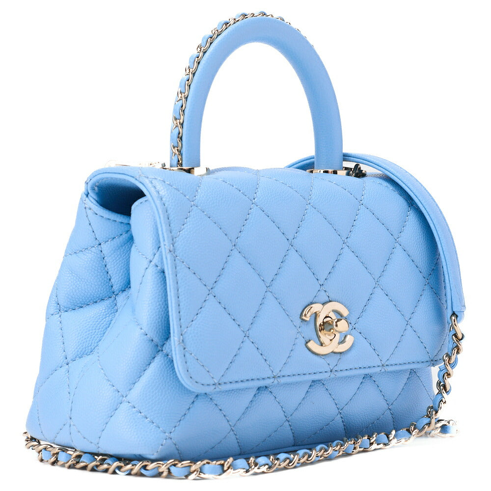 CHANEL Shoulder Bag Handbag Matelassé Coco Handle 2WAY Caviar Skin Light Blue Gold-Tone Hardware, Pre-Owned
