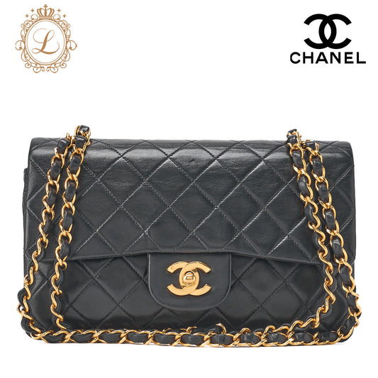 CHANEL Chain Shoulder Bag Matelassé Double Flap 23cm Lambskin Black Gold-Tone Hardware, Pre-Owned