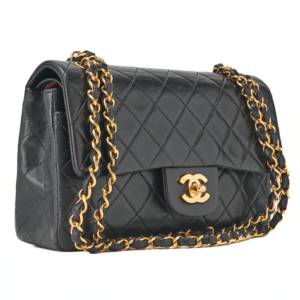 CHANEL Chain Shoulder Bag Matelassé Double Flap 23cm Lambskin Black Gold-Tone Hardware, Pre-Owned