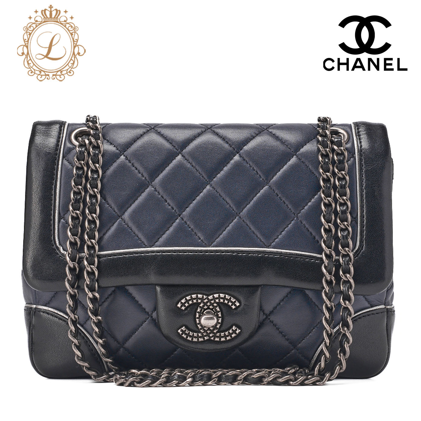 CHANEL Chain Shoulder Bag Mini Matelassé Lambskin Bicolor Single Flap Turnlock Silver-Tone Hardware, Pre-Owned