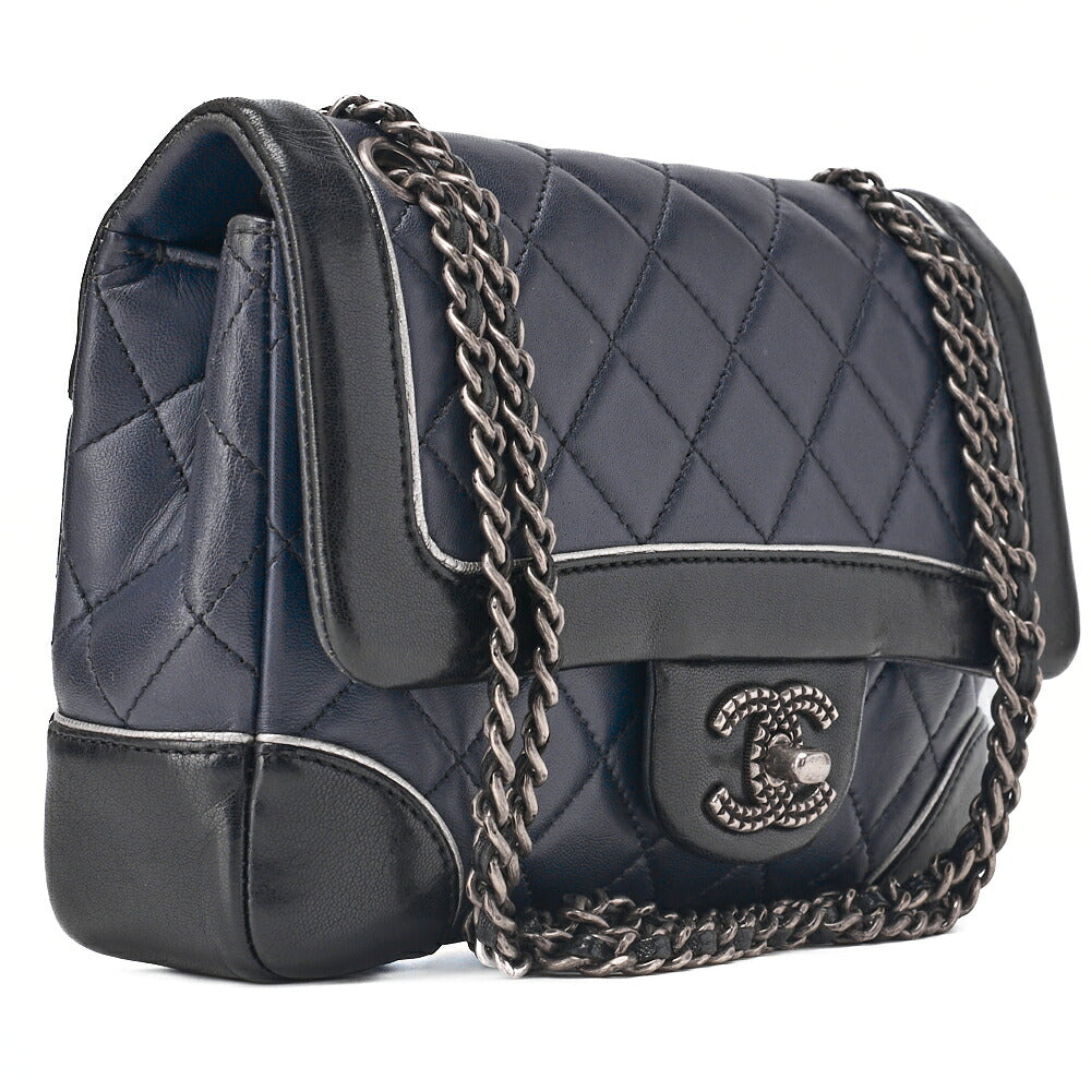 CHANEL Chain Shoulder Bag Mini Matelassé Lambskin Bicolor Single Flap Turnlock Silver-Tone Hardware, Pre-Owned