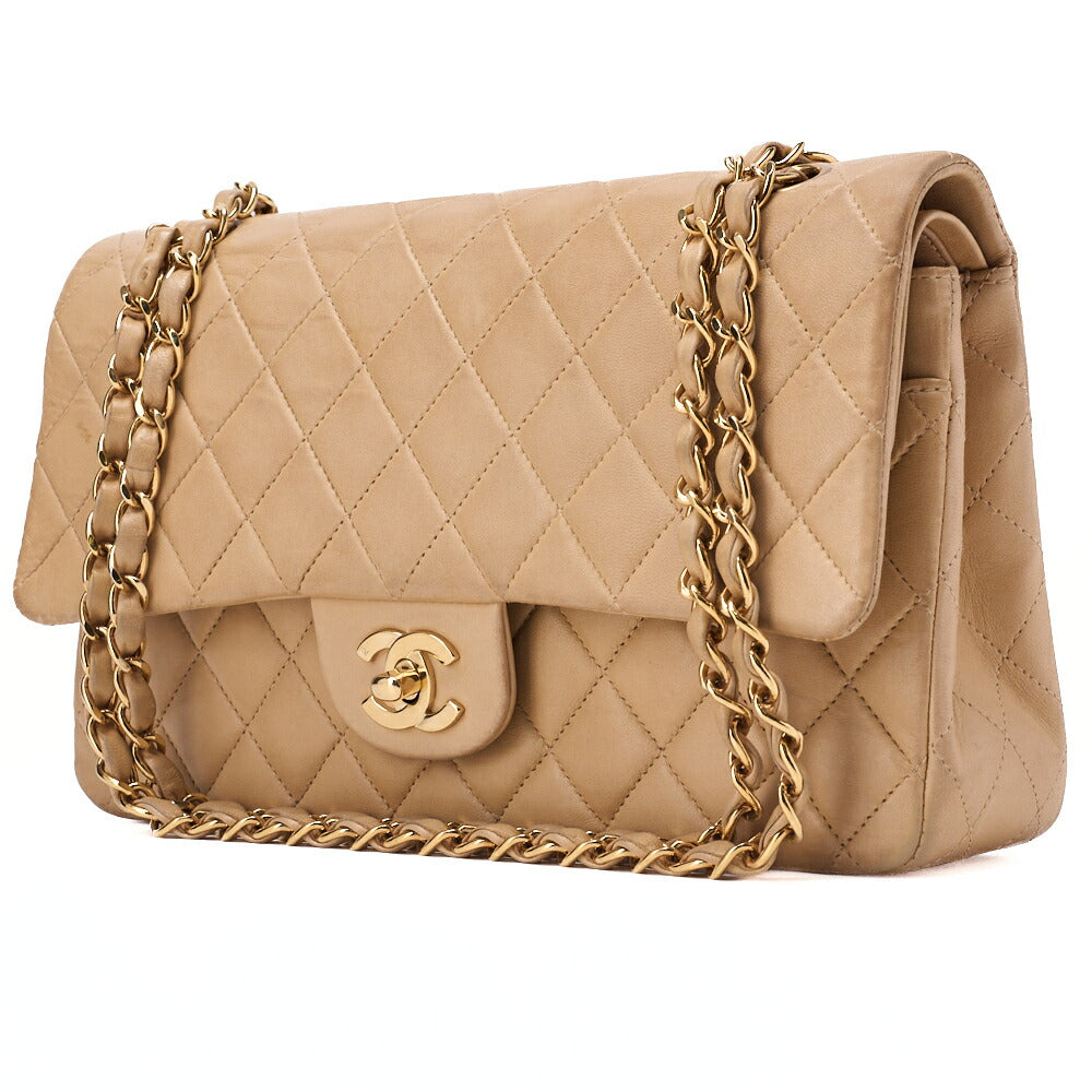 CHANEL Shoulder Bag Matelassé Double Flap 25cm Chain Shoulder Lambskin Beige Gold-Tone Hardware, Pre-Owned
